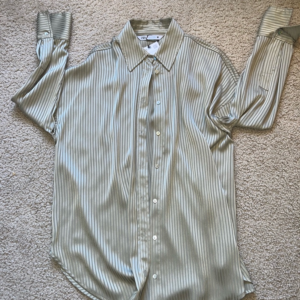 Zara Men's Olive Striped Dress Shirt